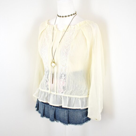 VTG 00s Y2K FANG Cream White Sheer Sequin Pleated Chiffon Pirate Sleeve Top Sz L - Picture 3 of 9